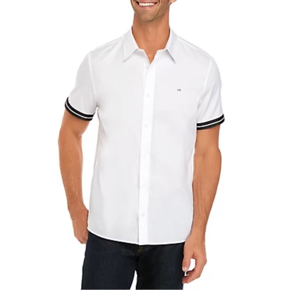 Calvin Klein Men White Classic Short Sleeve French Placket Herringbone Shirt L